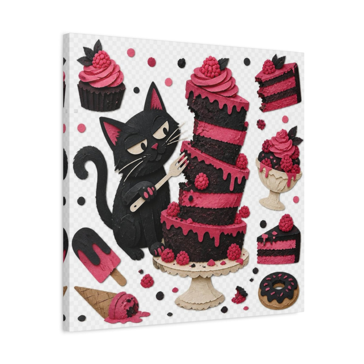 Side Mockup 4. Funny Black Cat Cake shown as canvas print