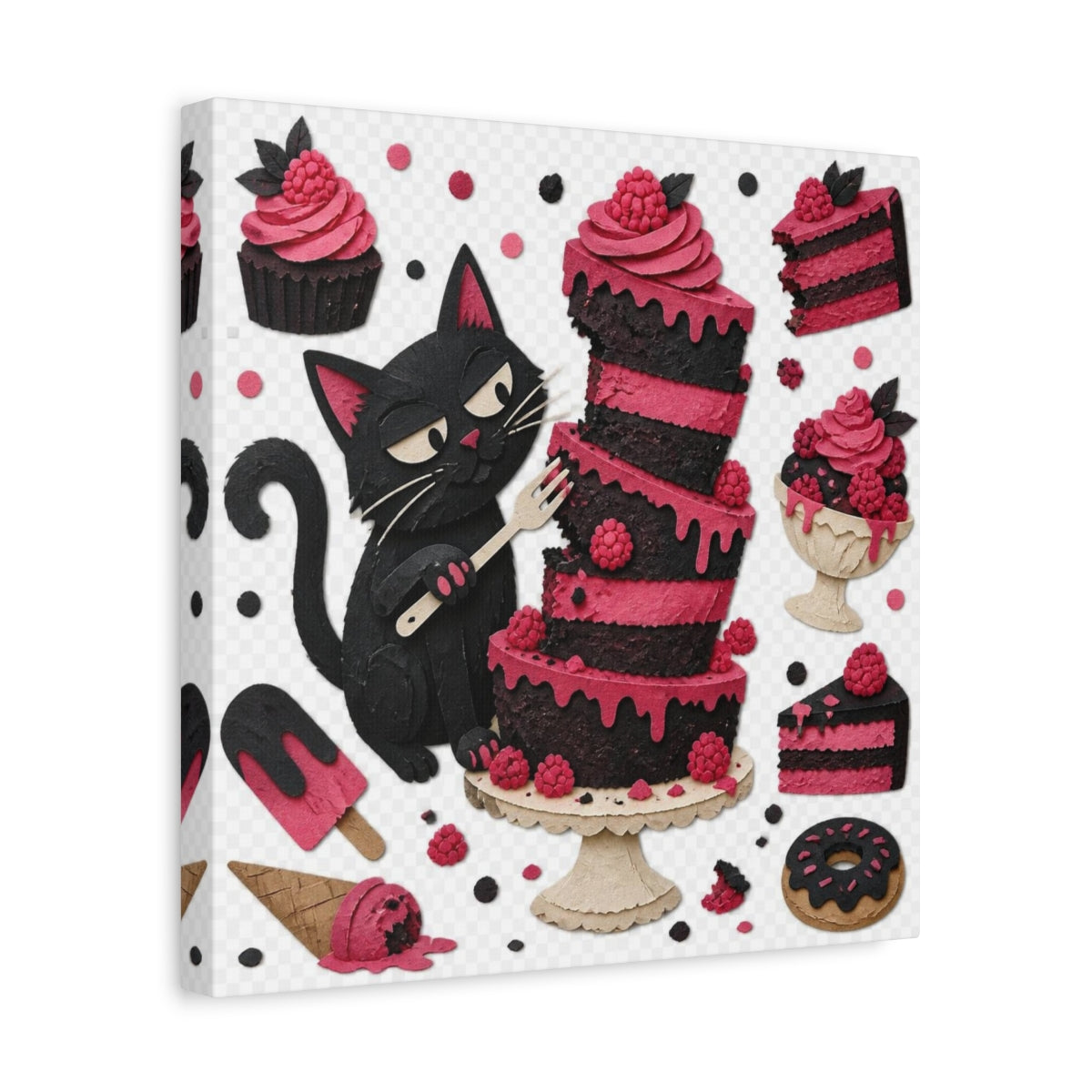 Side Mockup 7. Funny Black Cat Cake shown as canvas print