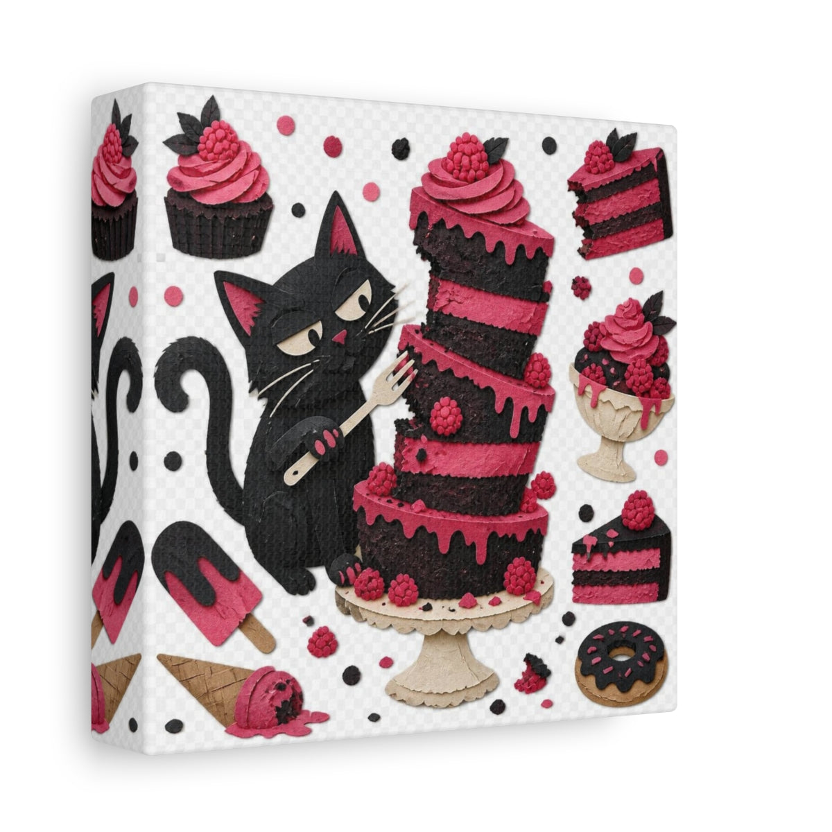 Side Mockup 2. Funny Black Cat Cake shown as canvas print