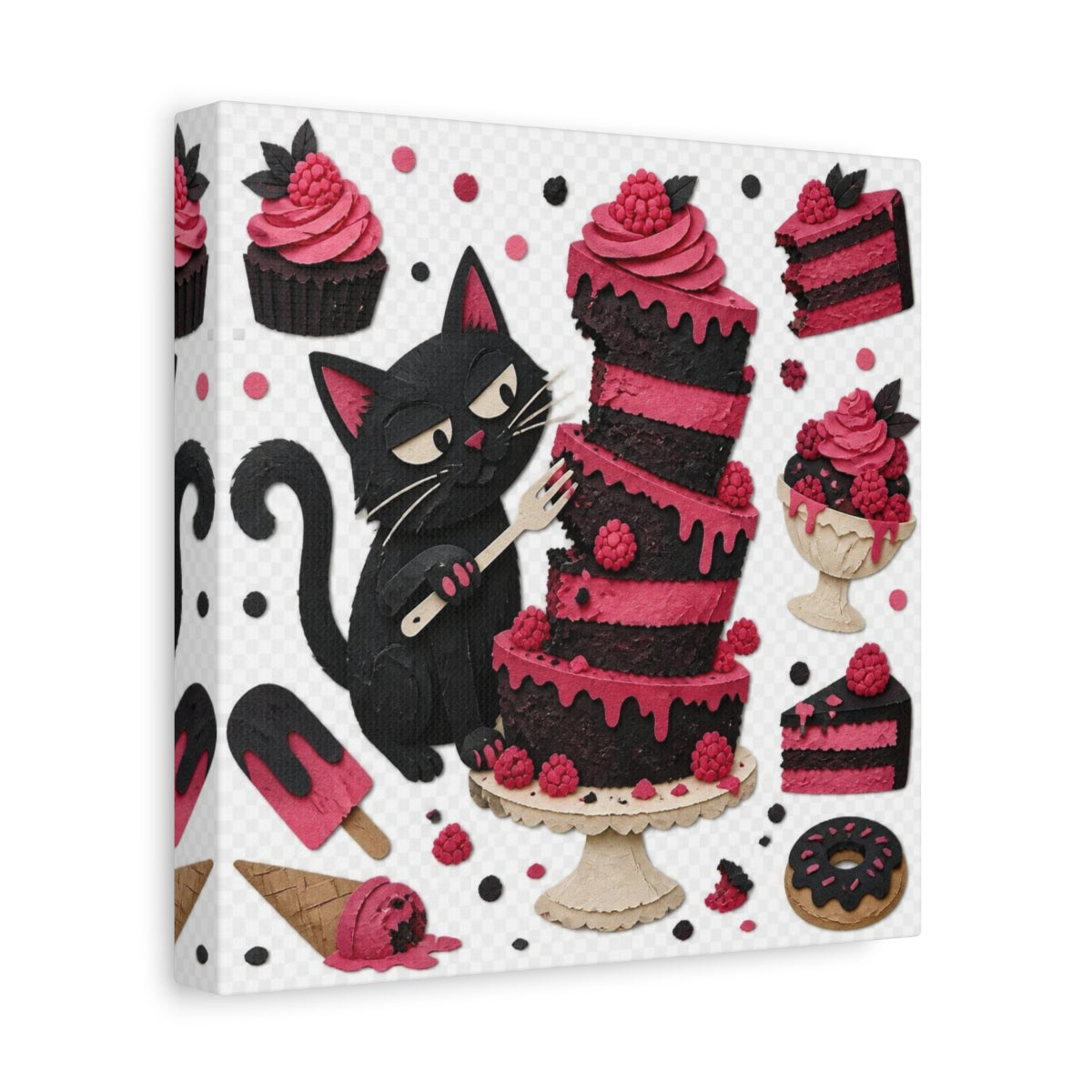 Side Mockup 9. Funny Black Cat Cake shown as canvas print
