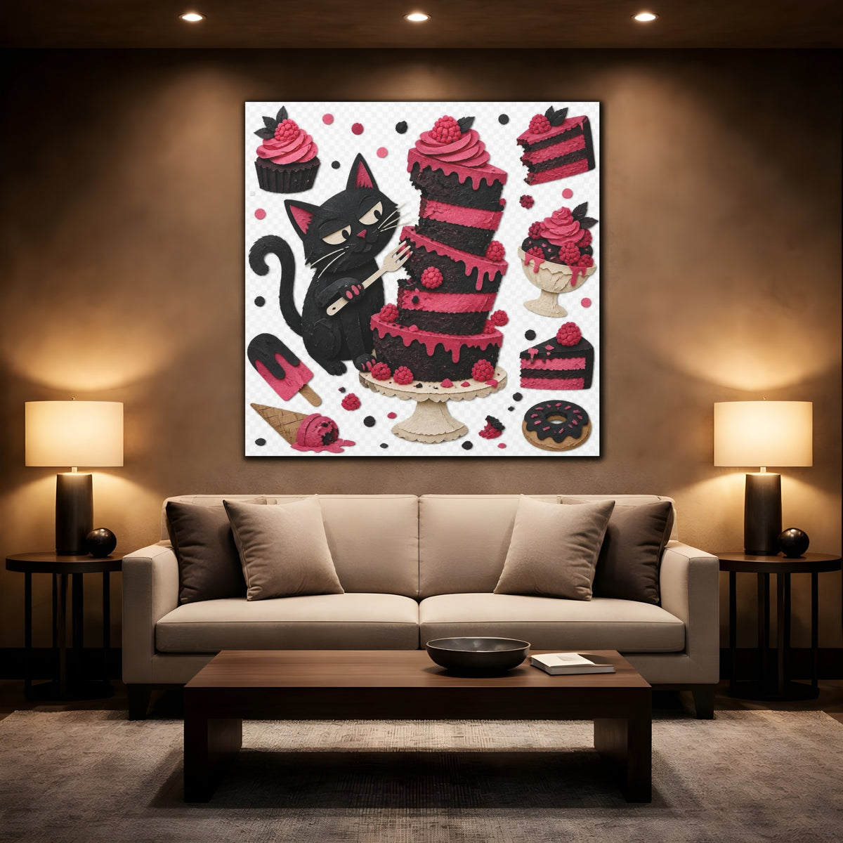 Mockup 2. Funny Black Cat Cake shown as canvas print