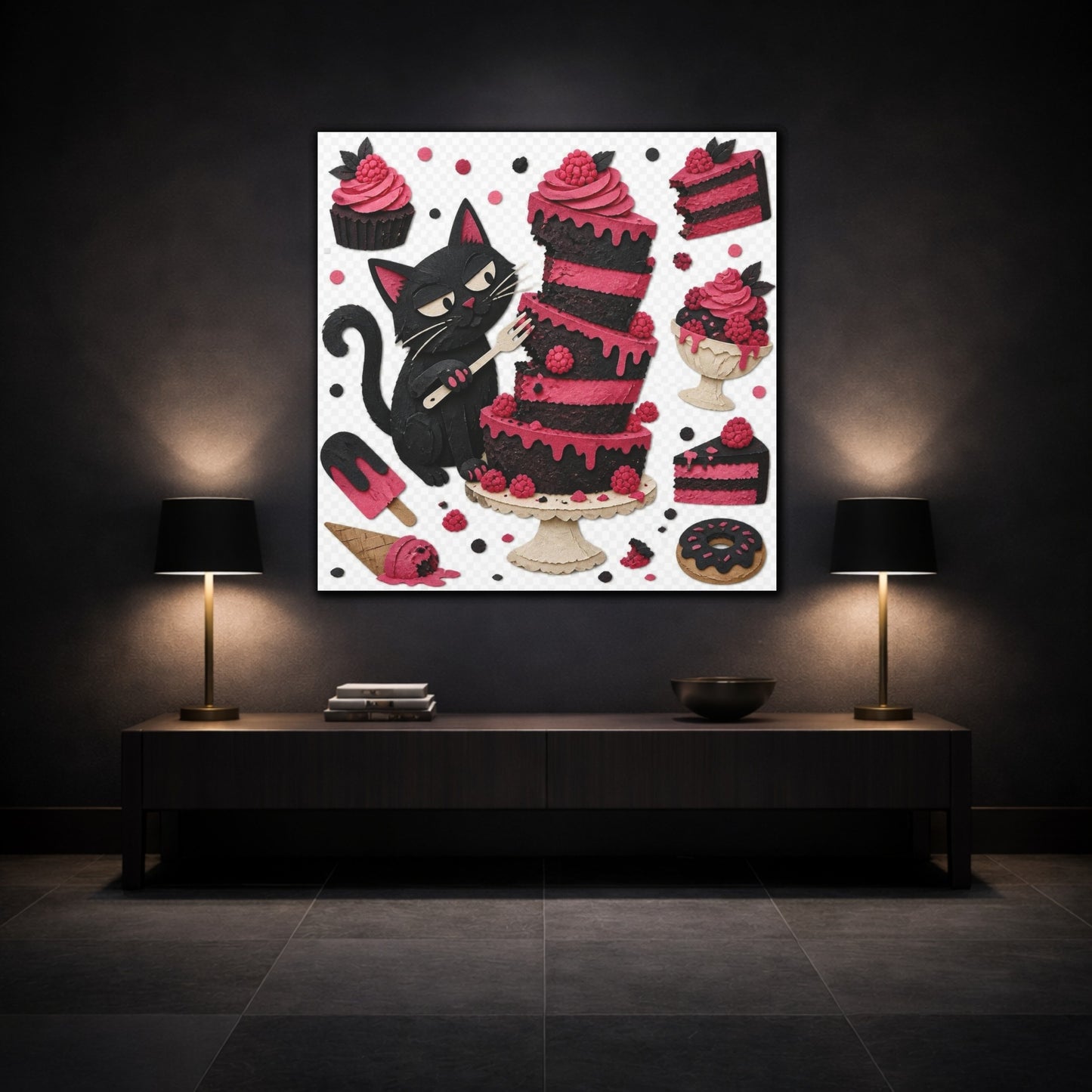 Mockup 3. Funny Black Cat Cake shown as canvas print