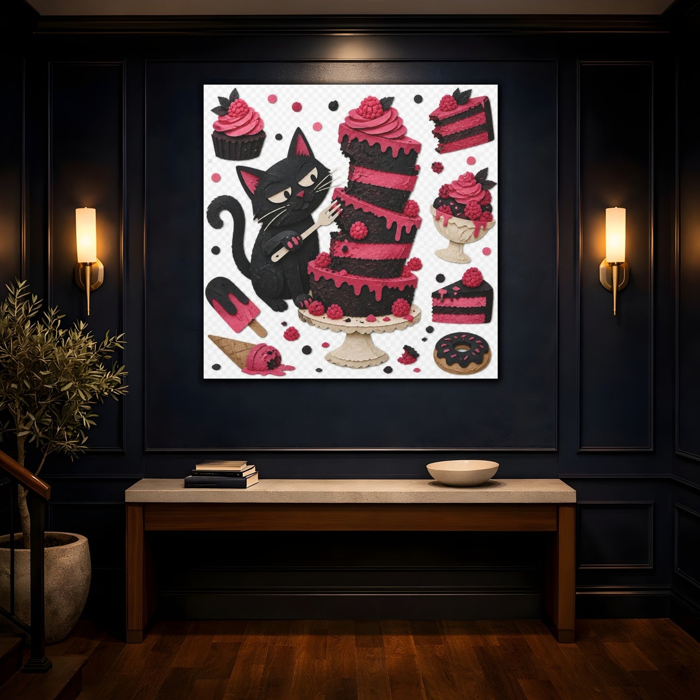Mockup 4. Funny Black Cat Cake shown as canvas print