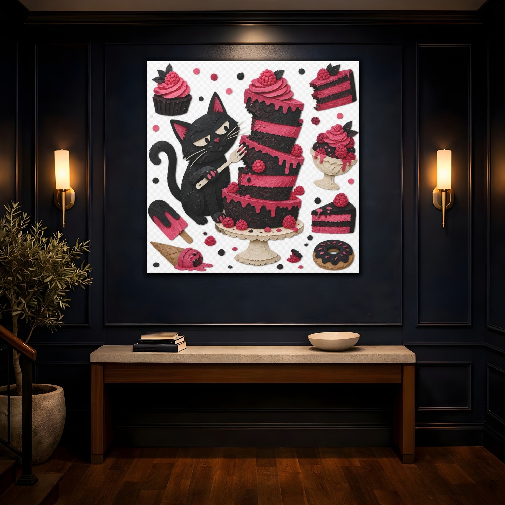 Mockup 4. Funny Black Cat Cake shown as canvas print