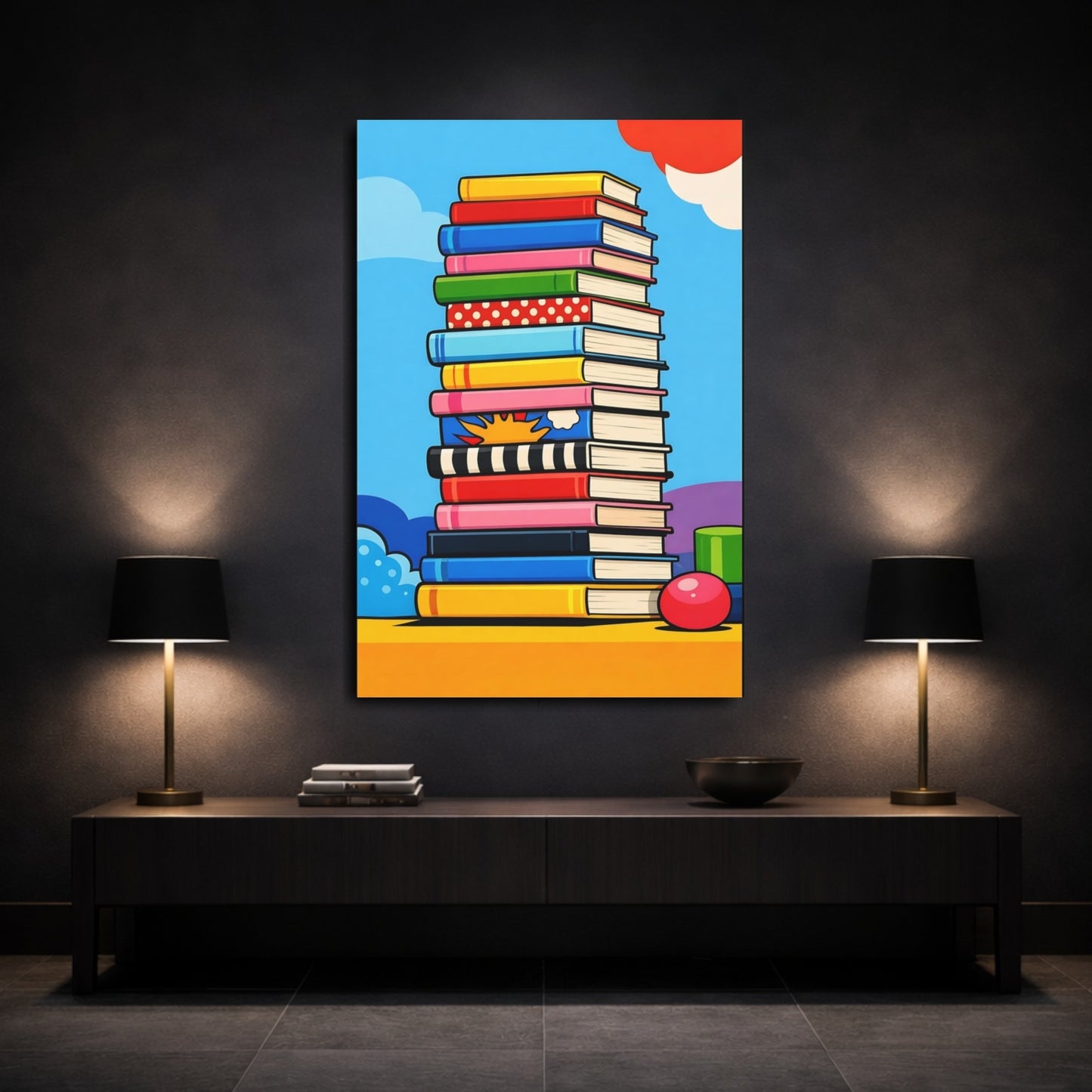 Mockup 2. Funny Books Colorful Books shown as stretched canvas wall art