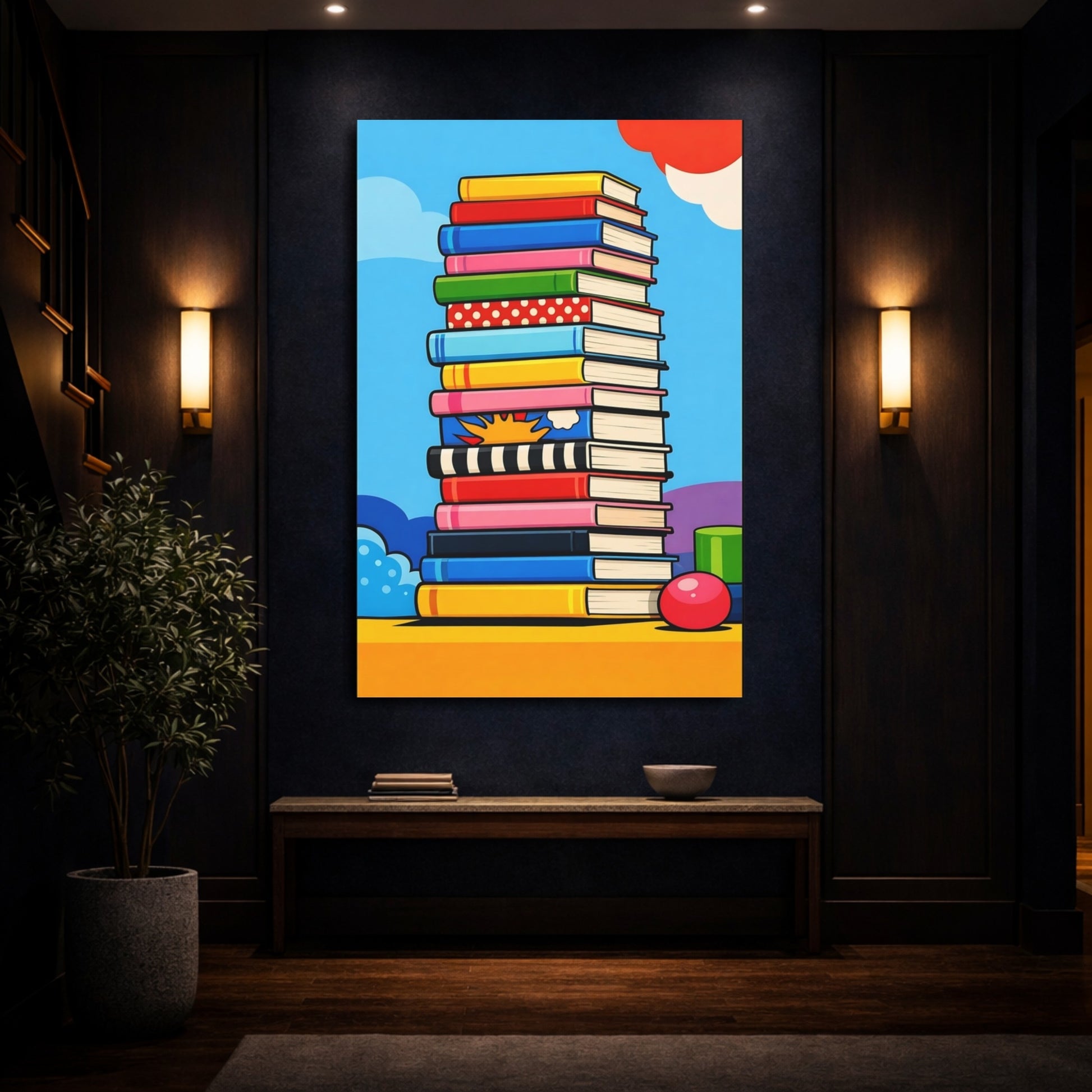 Mockup 3. Funny Books Colorful Books shown as stretched canvas wall art