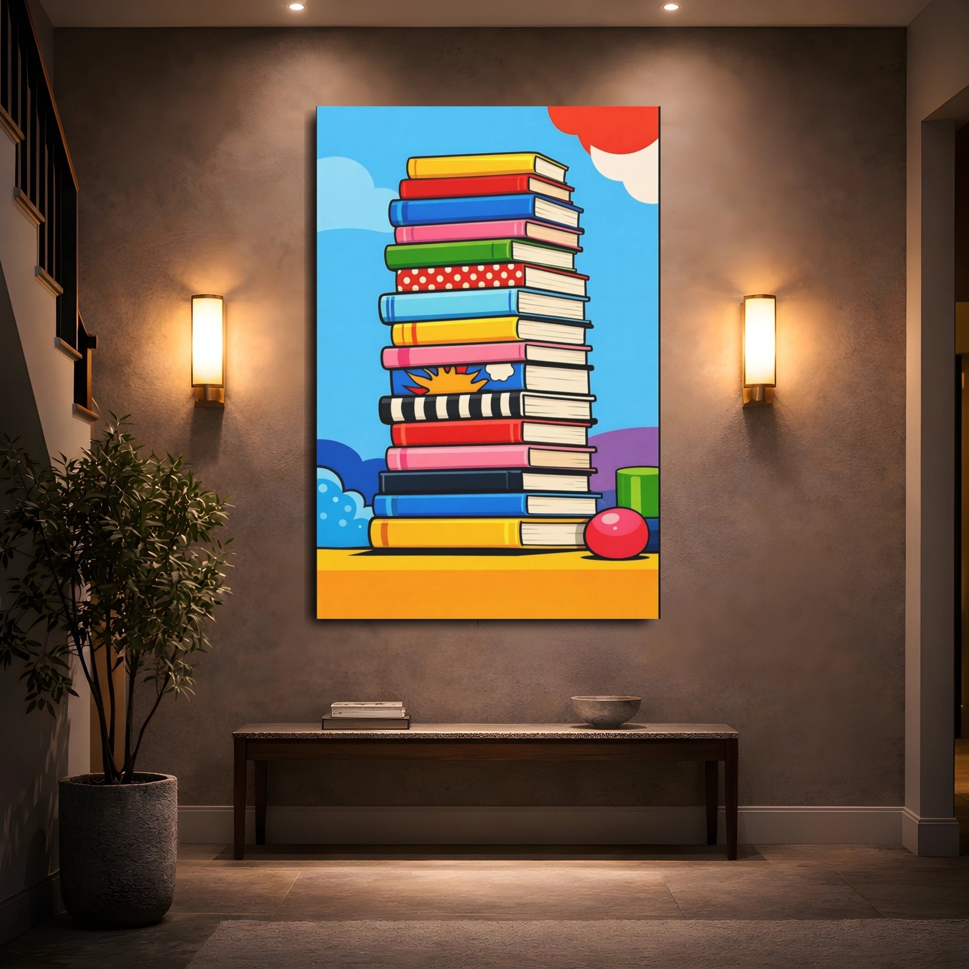 Mockup 4. Funny Books Colorful Books shown as stretched canvas wall art