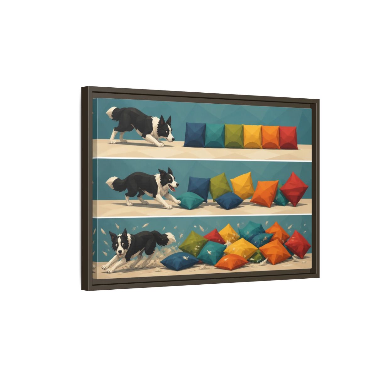 Side Mockup 2. Funny Border Collie Herding shown as framed canvas print