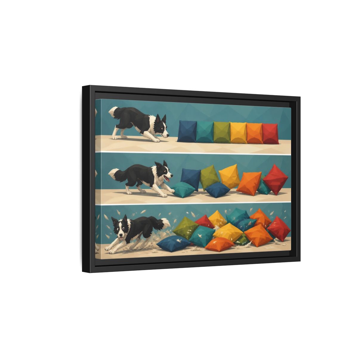 Side Mockup 6. Funny Border Collie Herding shown as framed canvas print