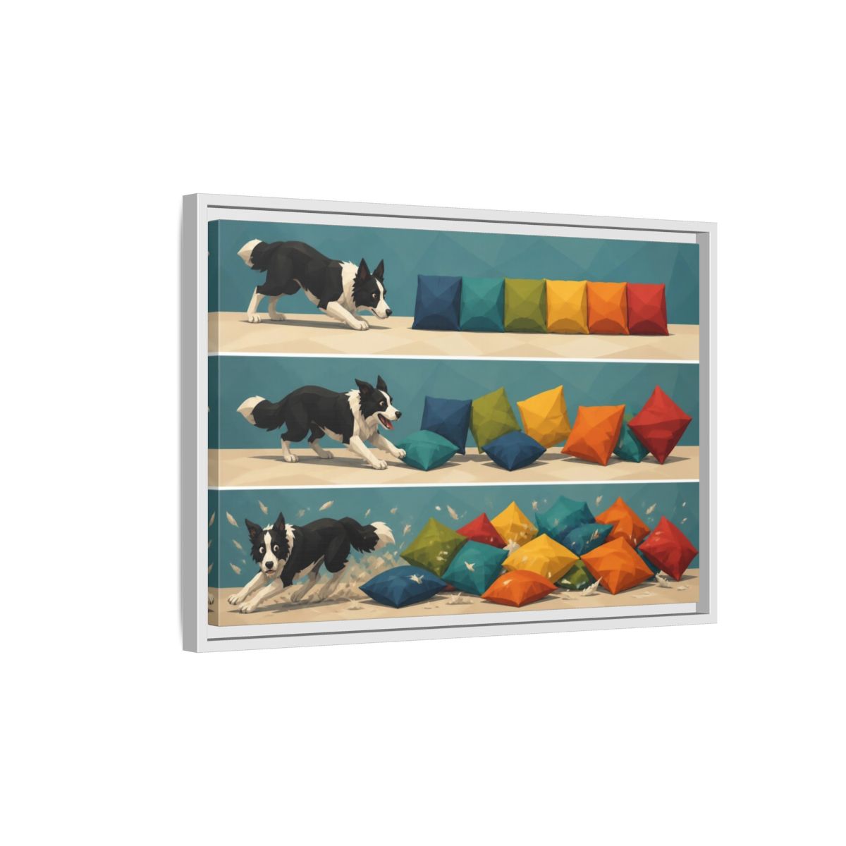 Side Mockup 1. Funny Border Collie Herding shown as framed canvas print