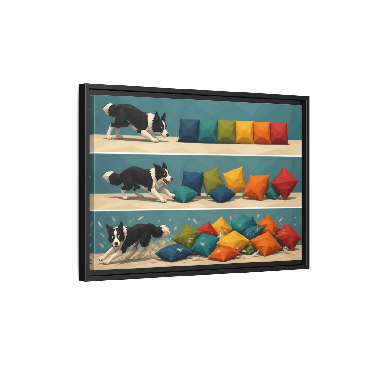 Side Mockup 3. Funny Border Collie Herding shown as framed canvas print