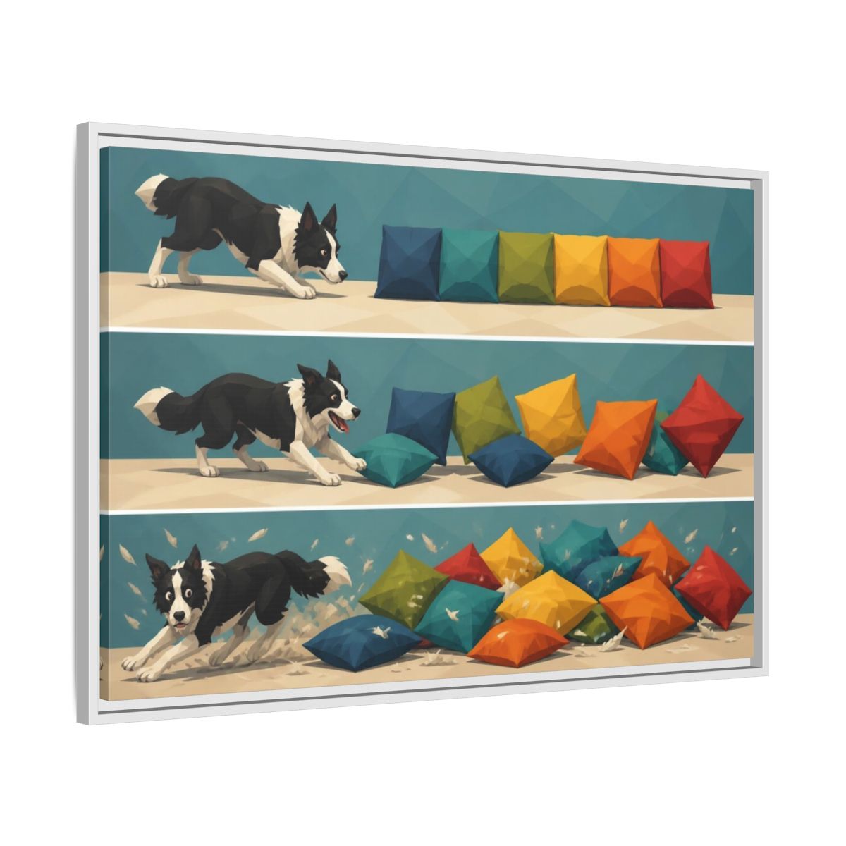 Side Mockup 9. Funny Border Collie Herding shown as framed canvas print