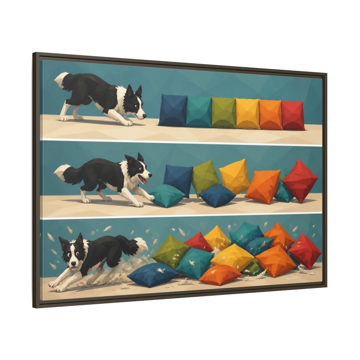 Side Mockup 8. Funny Border Collie Herding shown as framed canvas print