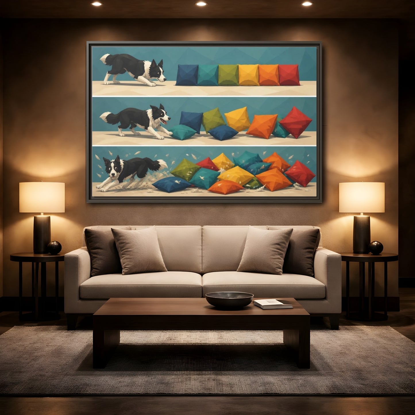 Mockup 2. Funny Border Collie Herding shown as framed canvas print