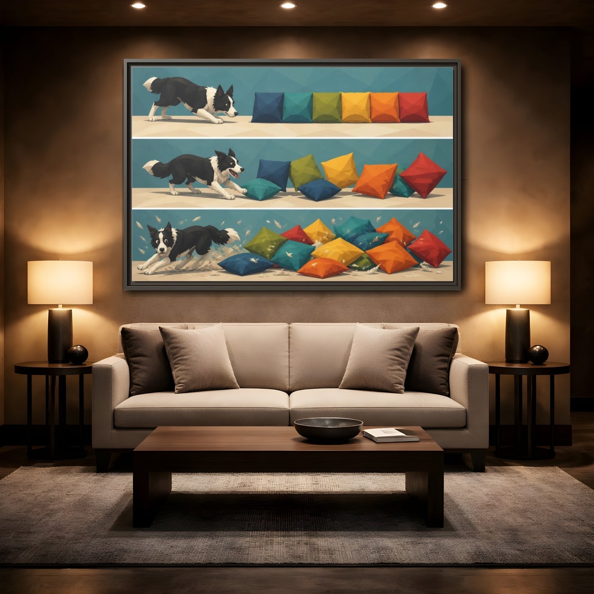 Mockup 2. Funny Border Collie Herding shown as framed canvas print