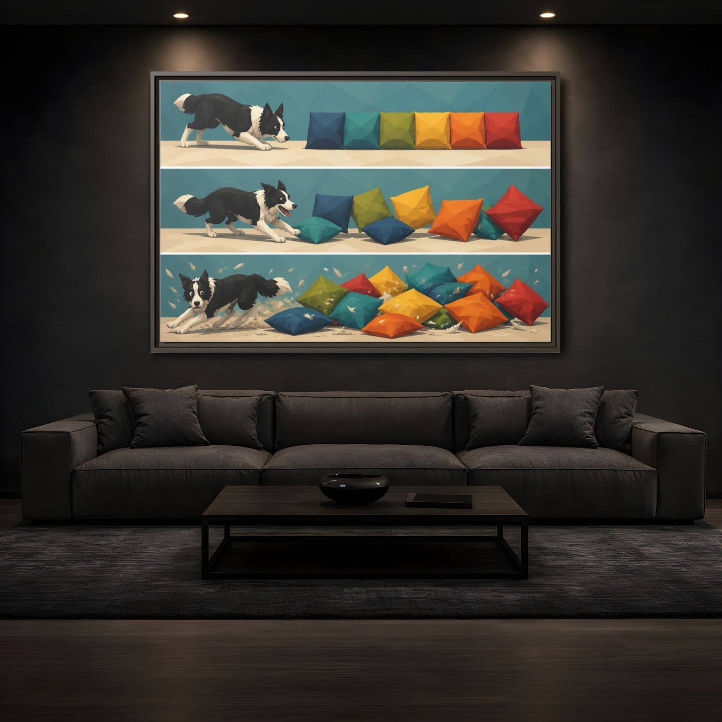 Mockup 3. Funny Border Collie Herding shown as framed canvas print