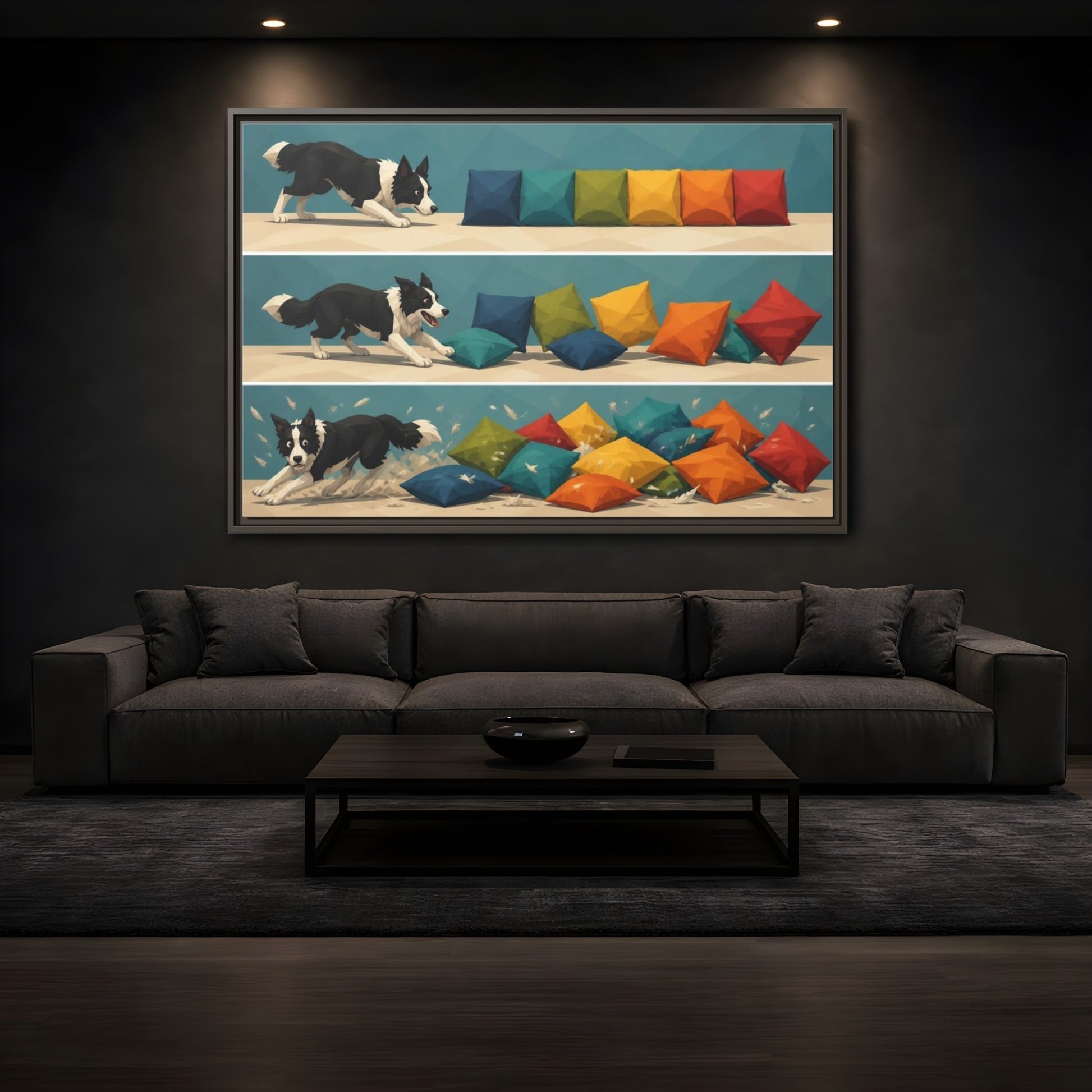Mockup 3. Funny Border Collie Herding shown as framed canvas print