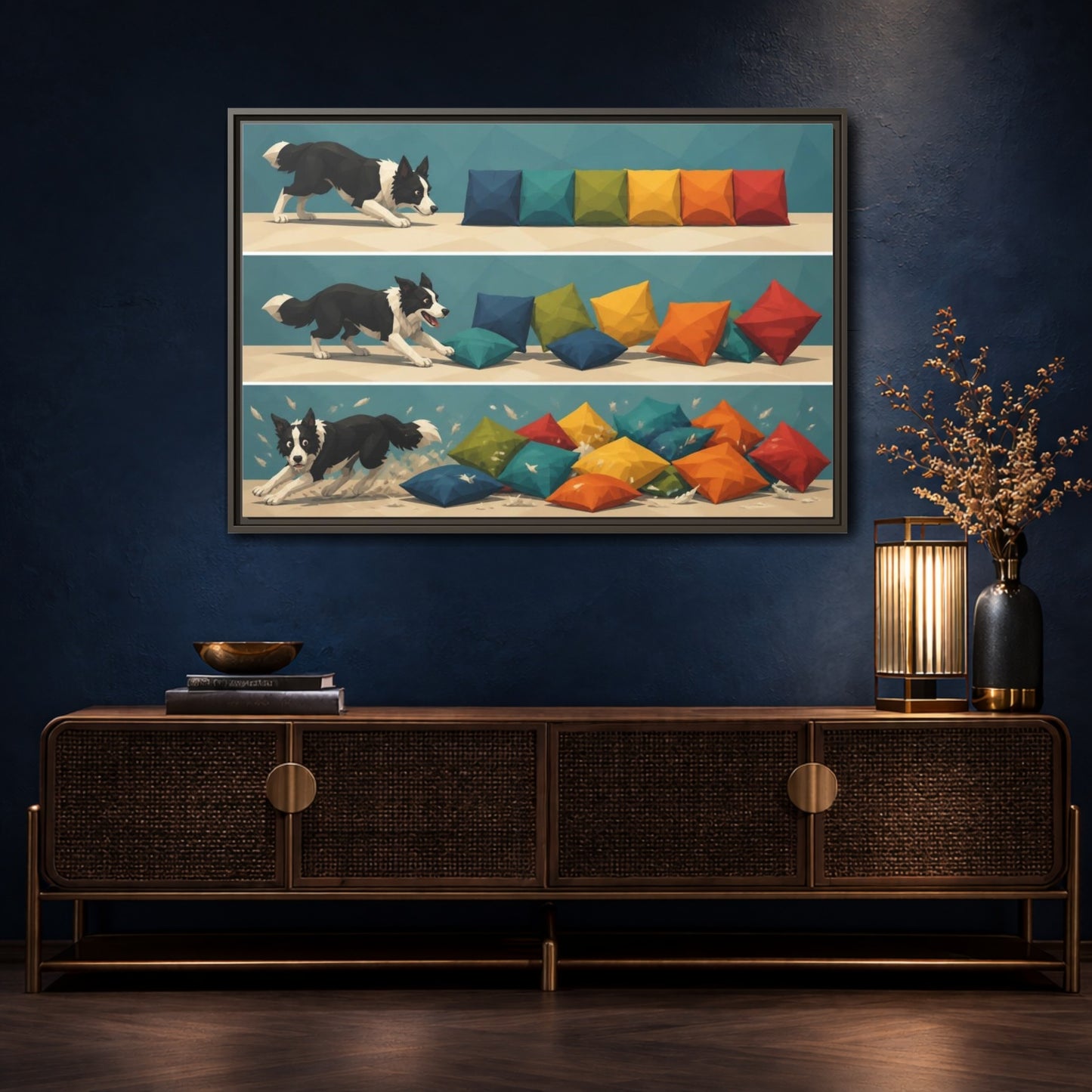 Mockup 4. Funny Border Collie Herding shown as framed canvas print