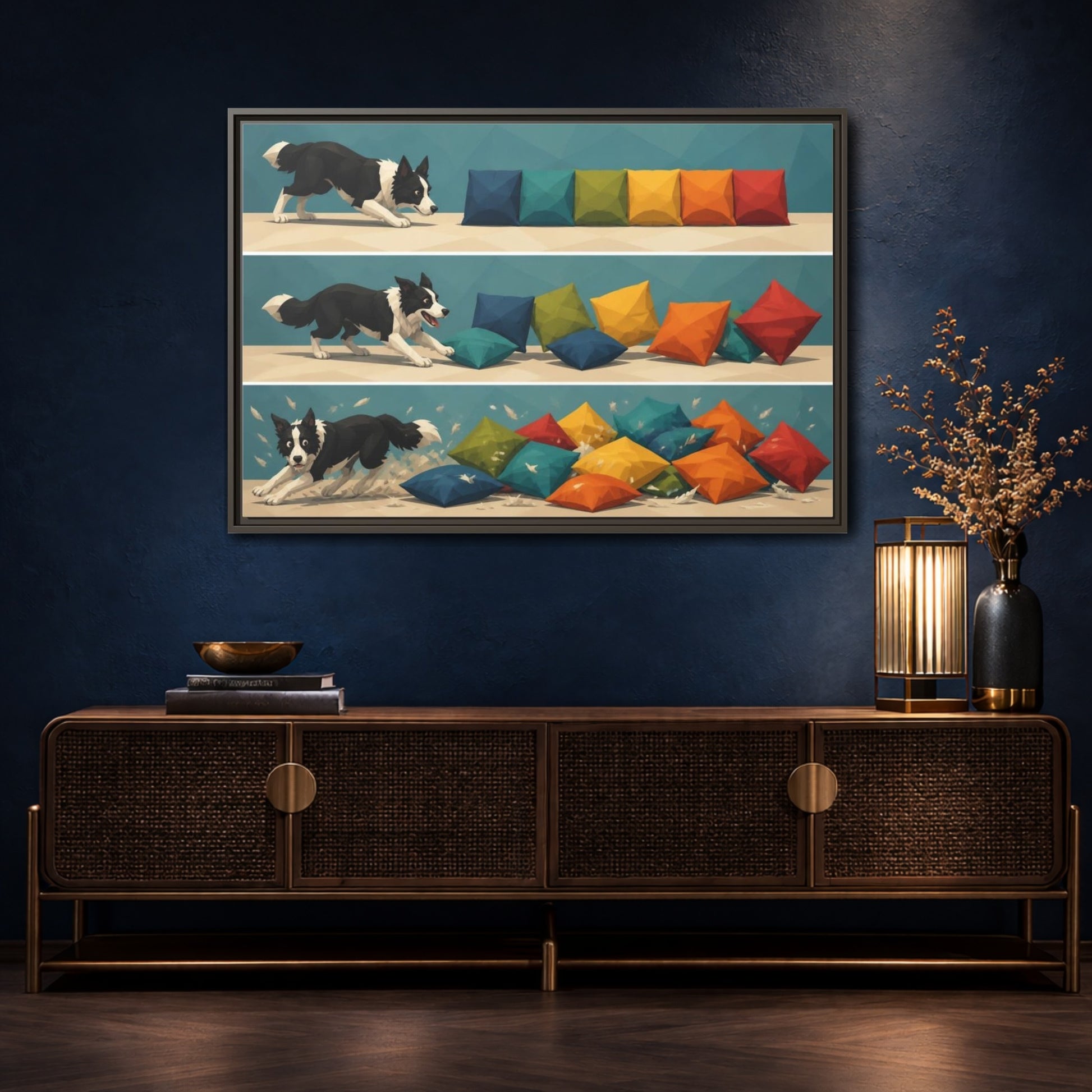 Mockup 4. Funny Border Collie Herding shown as framed canvas print