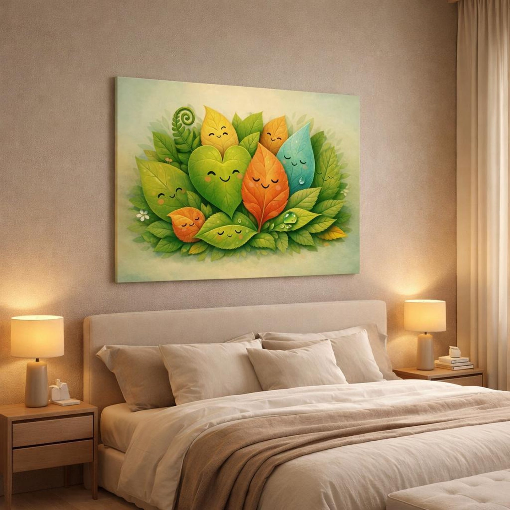 Funny Botanical Leaves shown as canvas wall art in a luxury bedroom