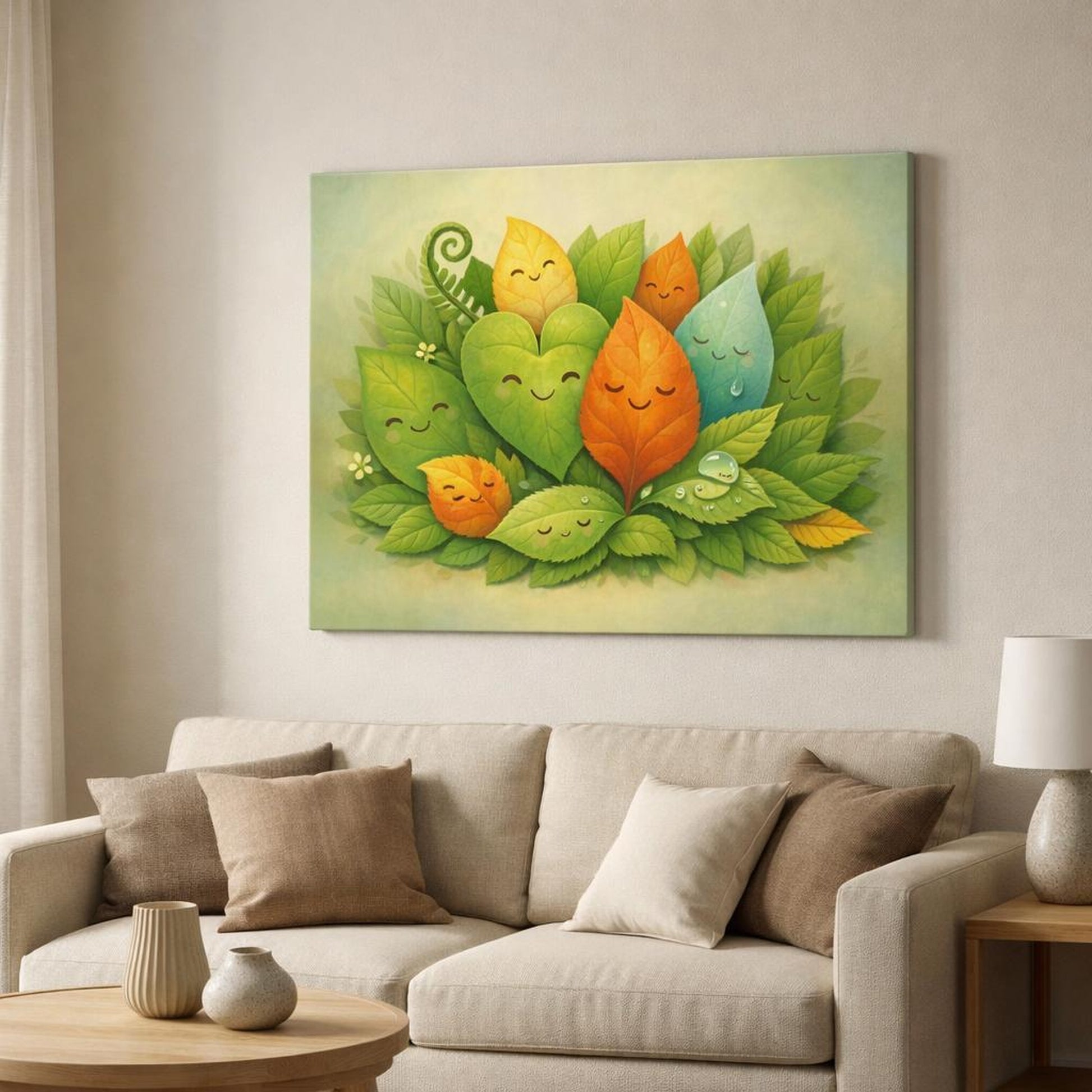Funny Botanical Leaves shown as canvas wall art in a modern living room