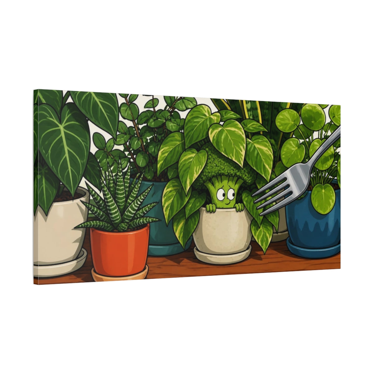 Main Mockup. Funny Broccoli Hideout shown as canvas print
