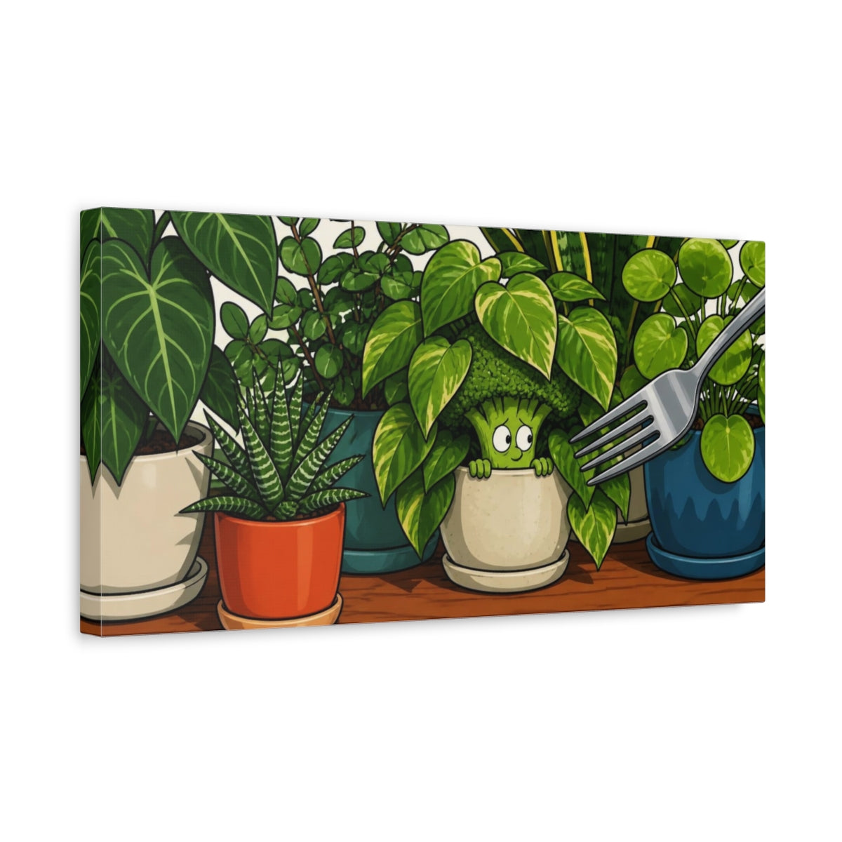 Side Mockup 3. Funny Broccoli Hideout shown as canvas print