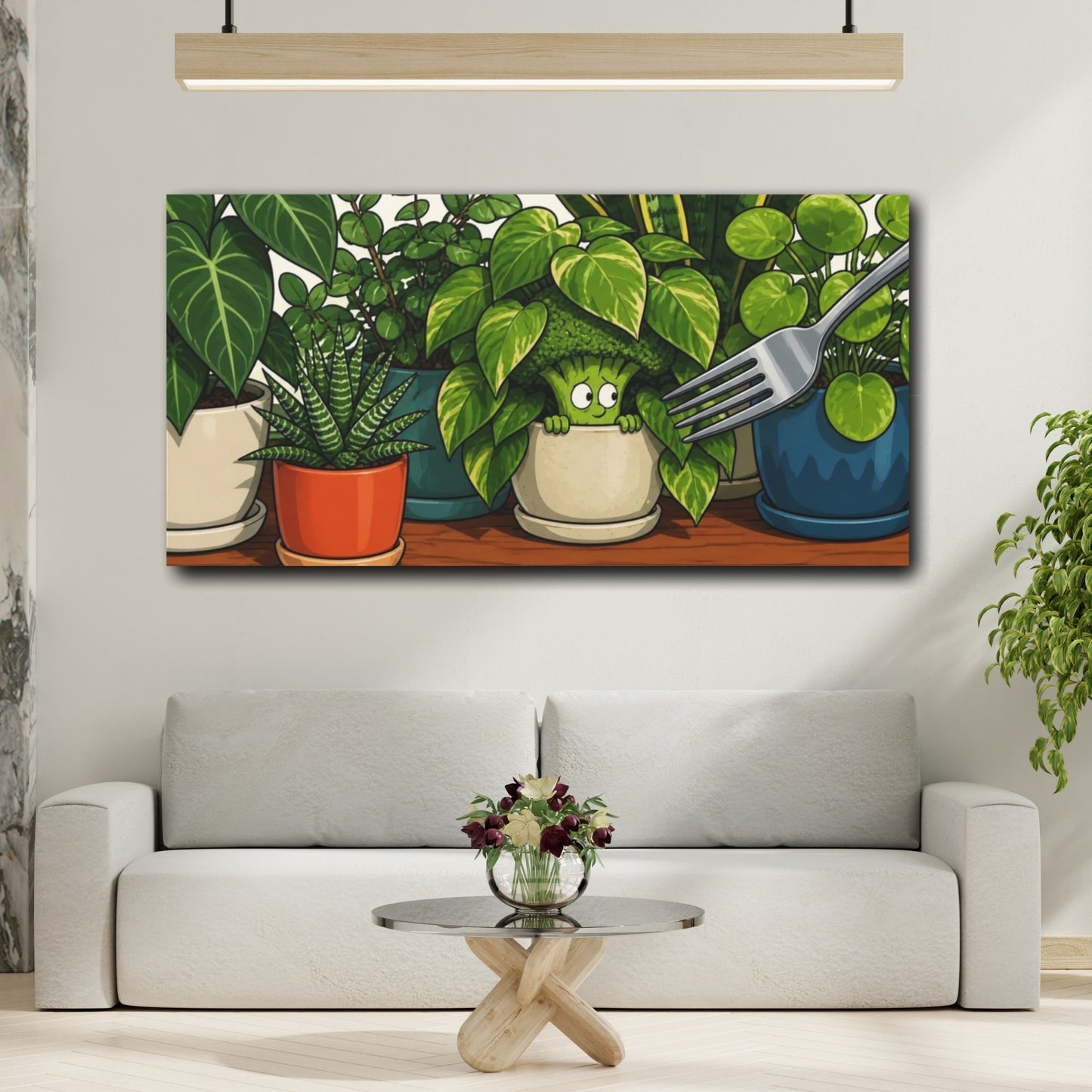 Mockup 2. Funny Broccoli Hideout shown as canvas print