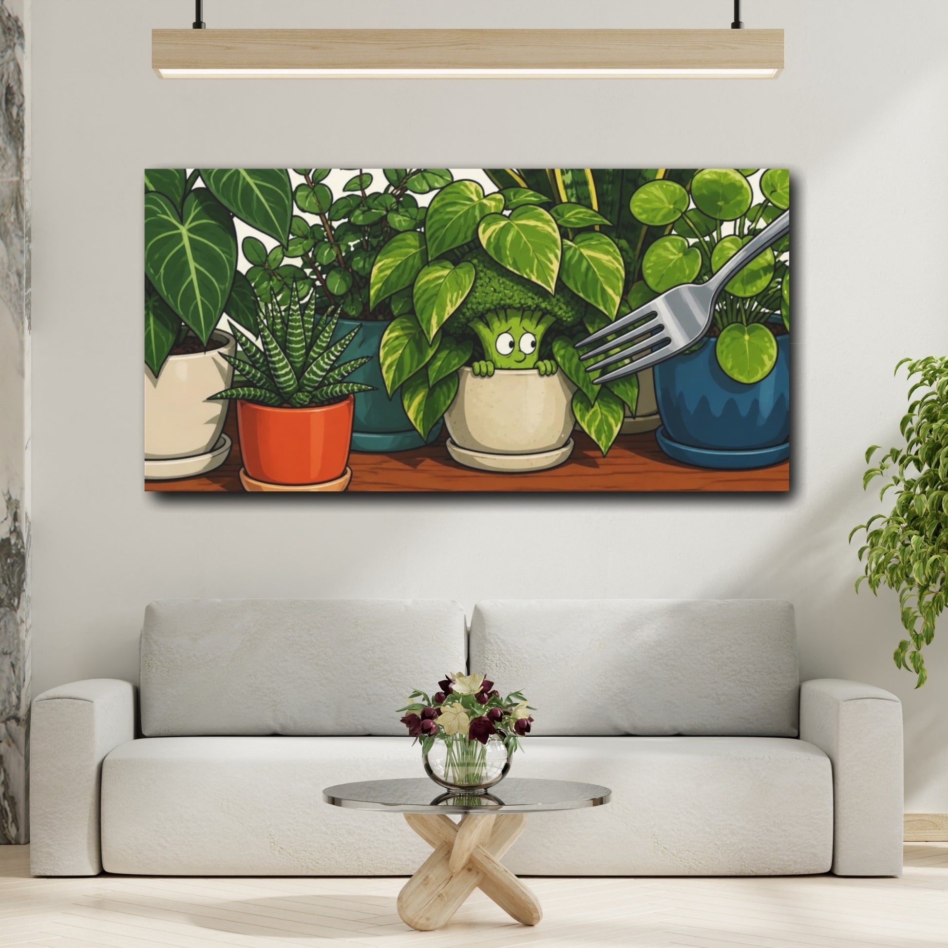 Mockup 2. Funny Broccoli Hideout shown as canvas print