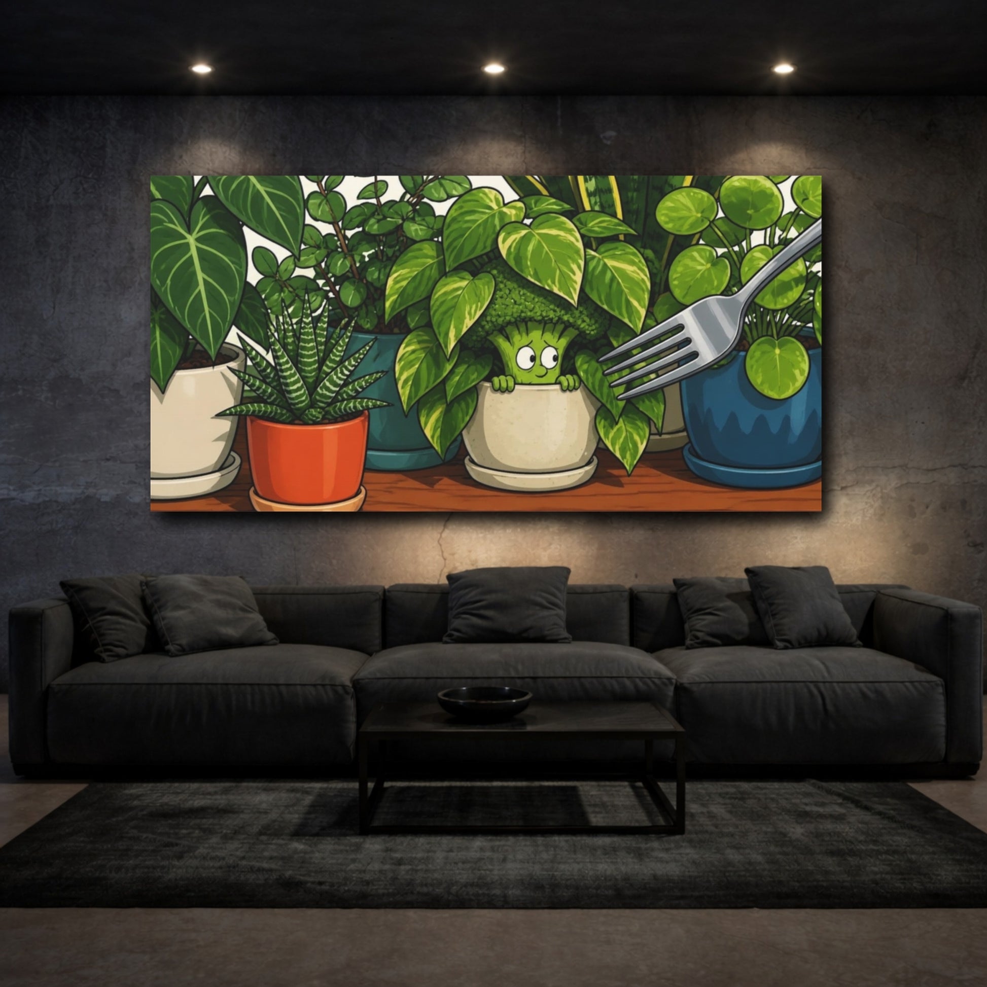 Mockup 3. Funny Broccoli Hideout shown as canvas print