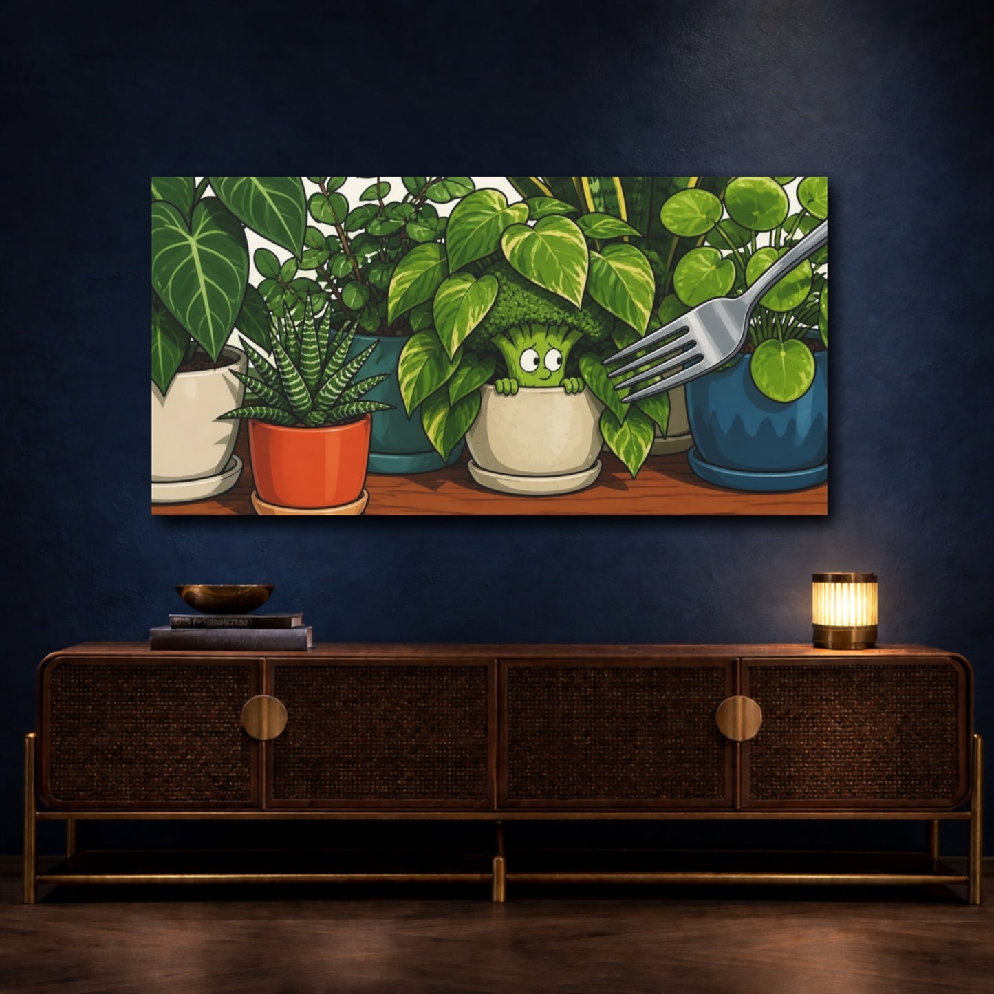 Mockup 4. Funny Broccoli Hideout shown as canvas print