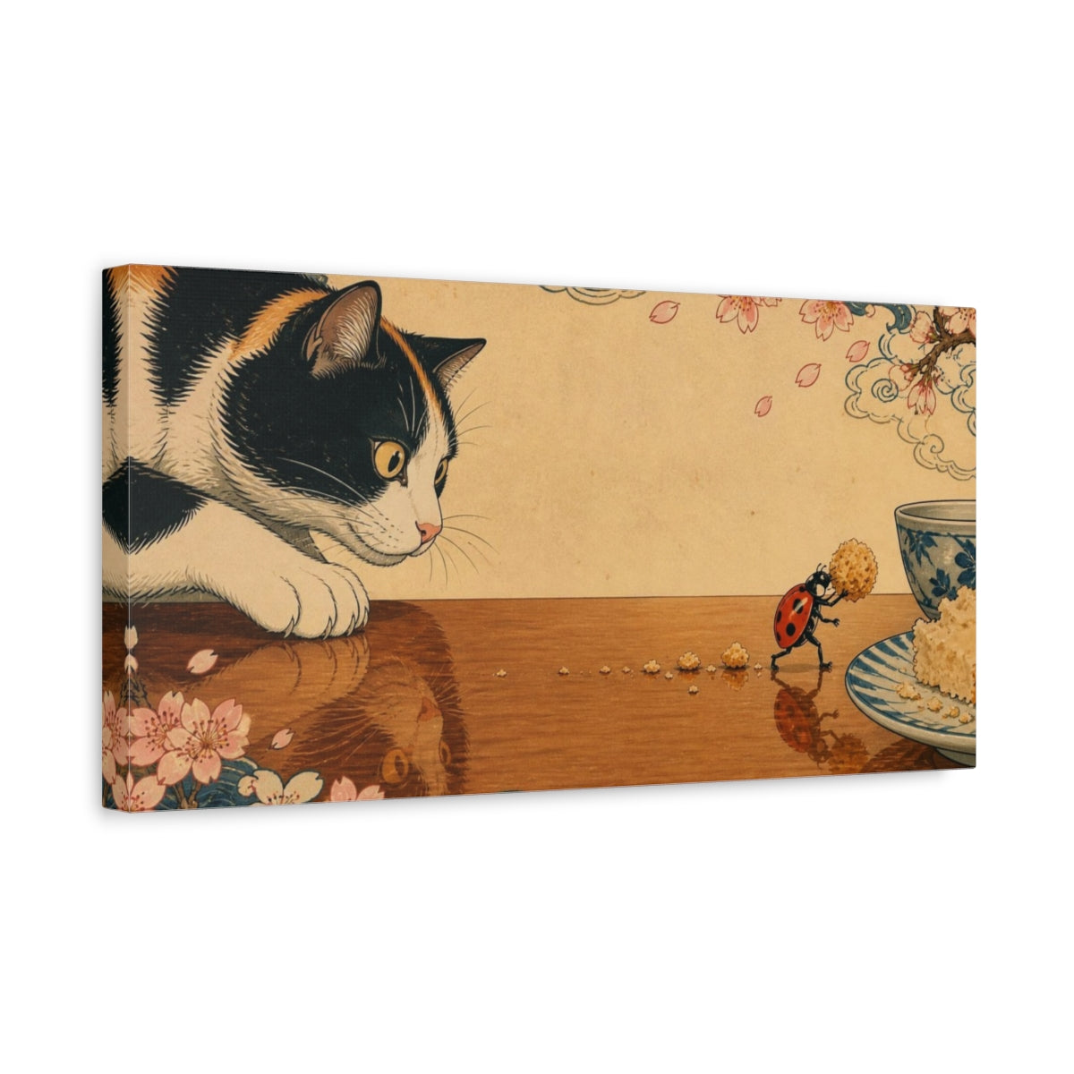 Side Mockup 3. Funny Cat And Ladybug shown as canvas print