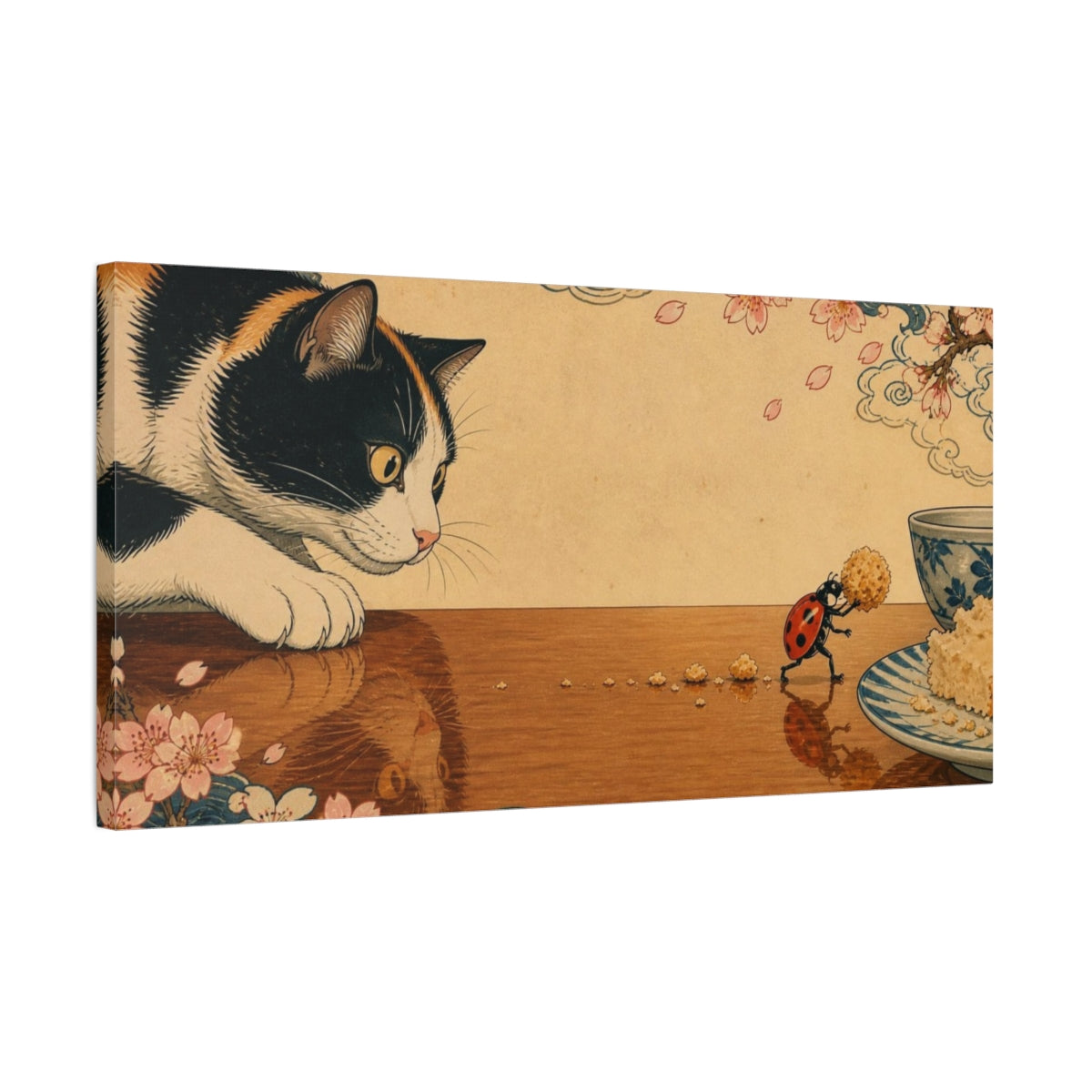Side Mockup 1. Funny Cat And Ladybug shown as canvas print
