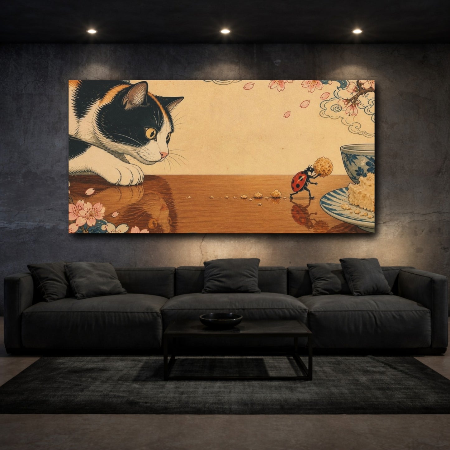 Mockup 3. Funny Cat And Ladybug shown as canvas print