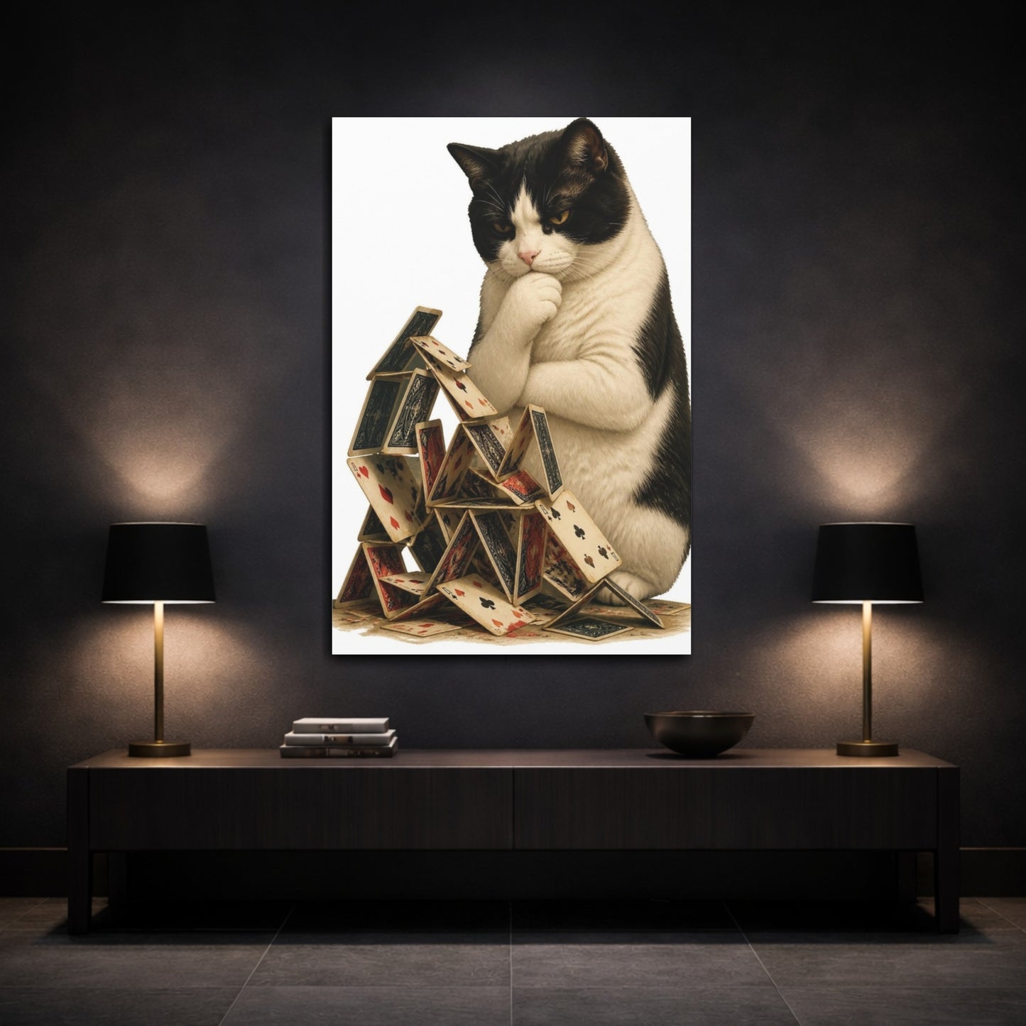 Mockup 3. Funny Cat House Of Cards shown as canvas print