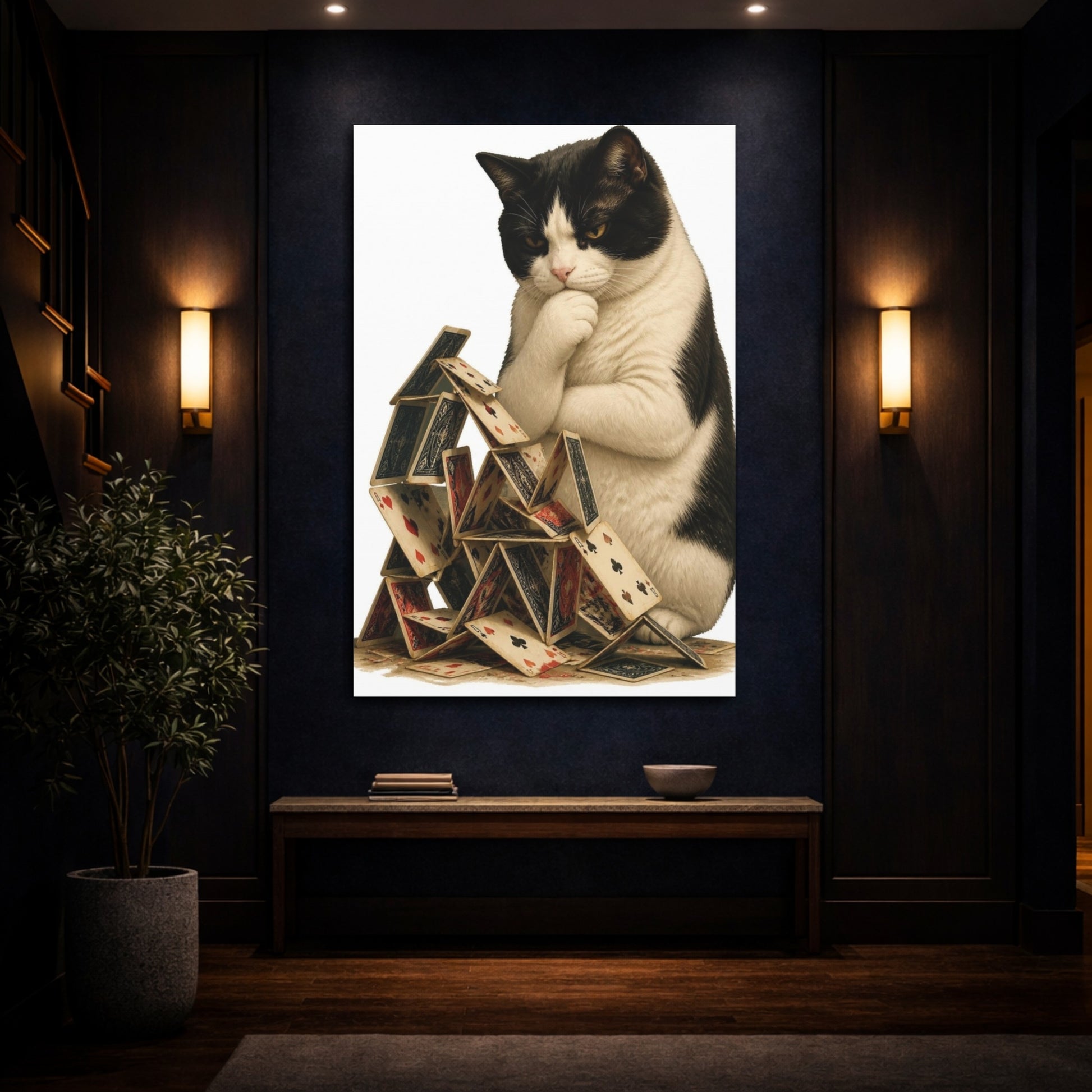 Mockup 4. Funny Cat House Of Cards shown as canvas print