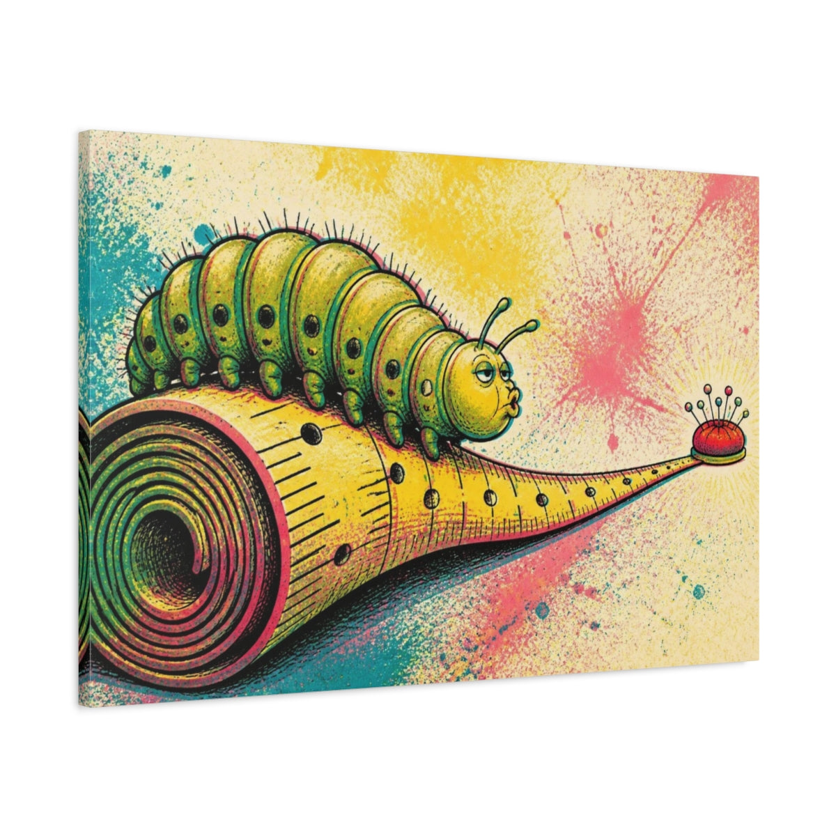 Main Mockup. Funny Caterpillar On Measuring Tape shown as canvas print