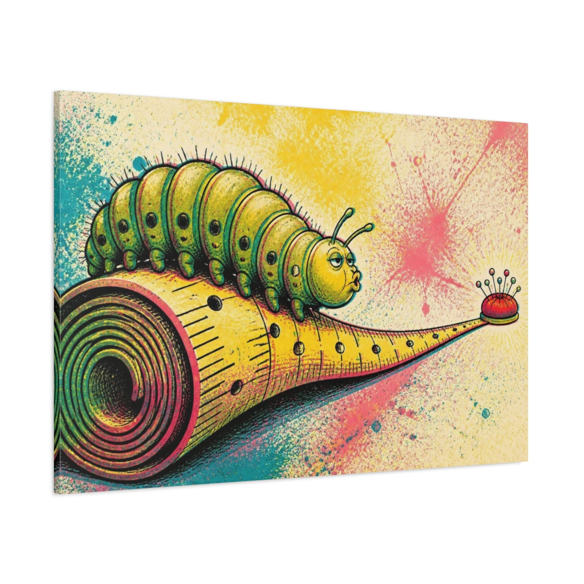 Side Mockup 1. Funny Caterpillar On Measuring Tape shown as canvas print