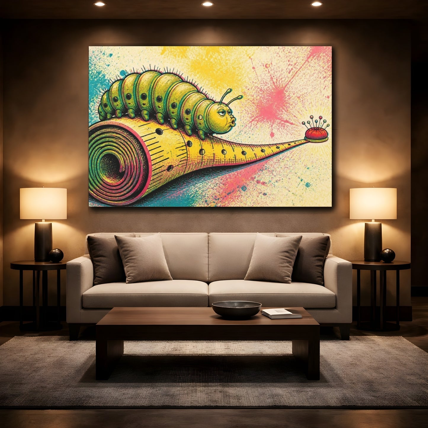 Mockup 2. Funny Caterpillar On Measuring Tape shown as canvas print