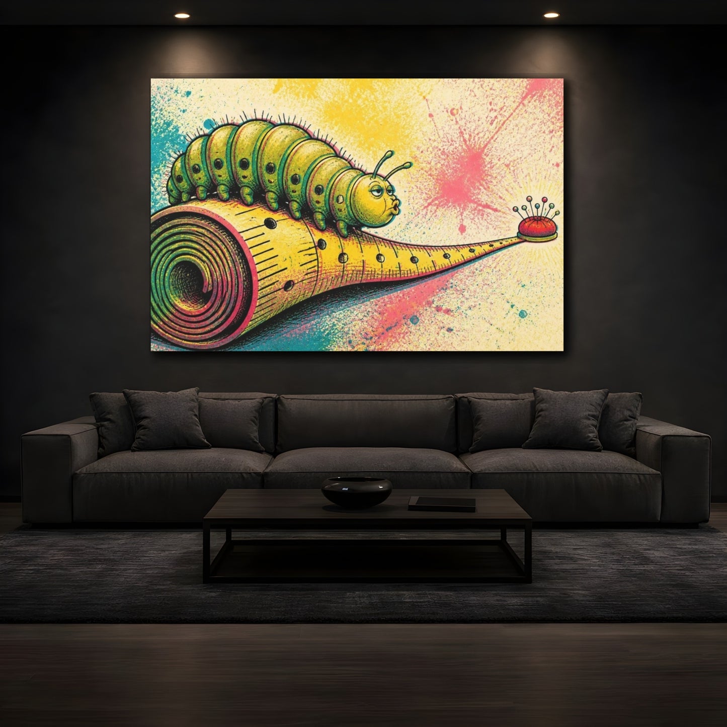 Mockup 3. Funny Caterpillar On Measuring Tape shown as canvas print