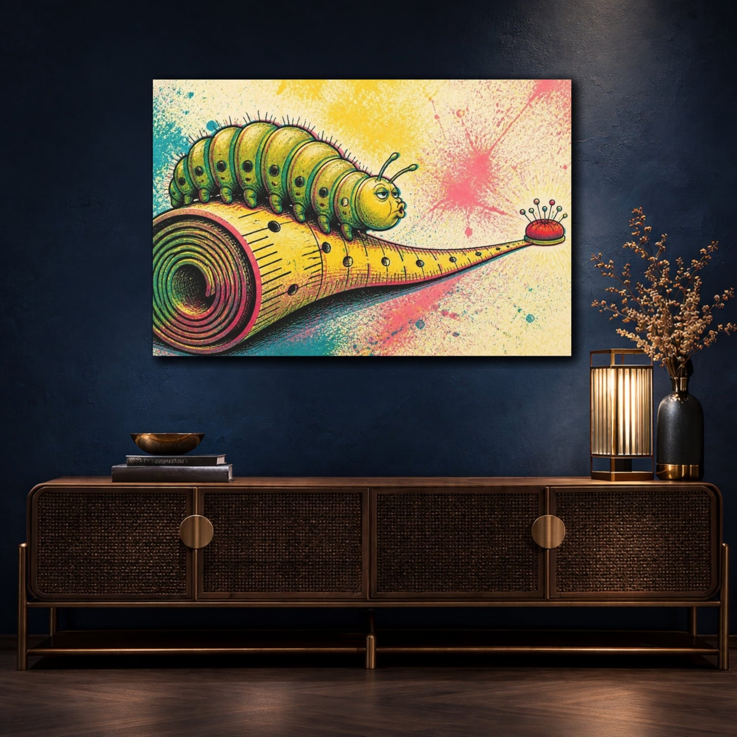 Mockup 4. Funny Caterpillar On Measuring Tape shown as canvas print