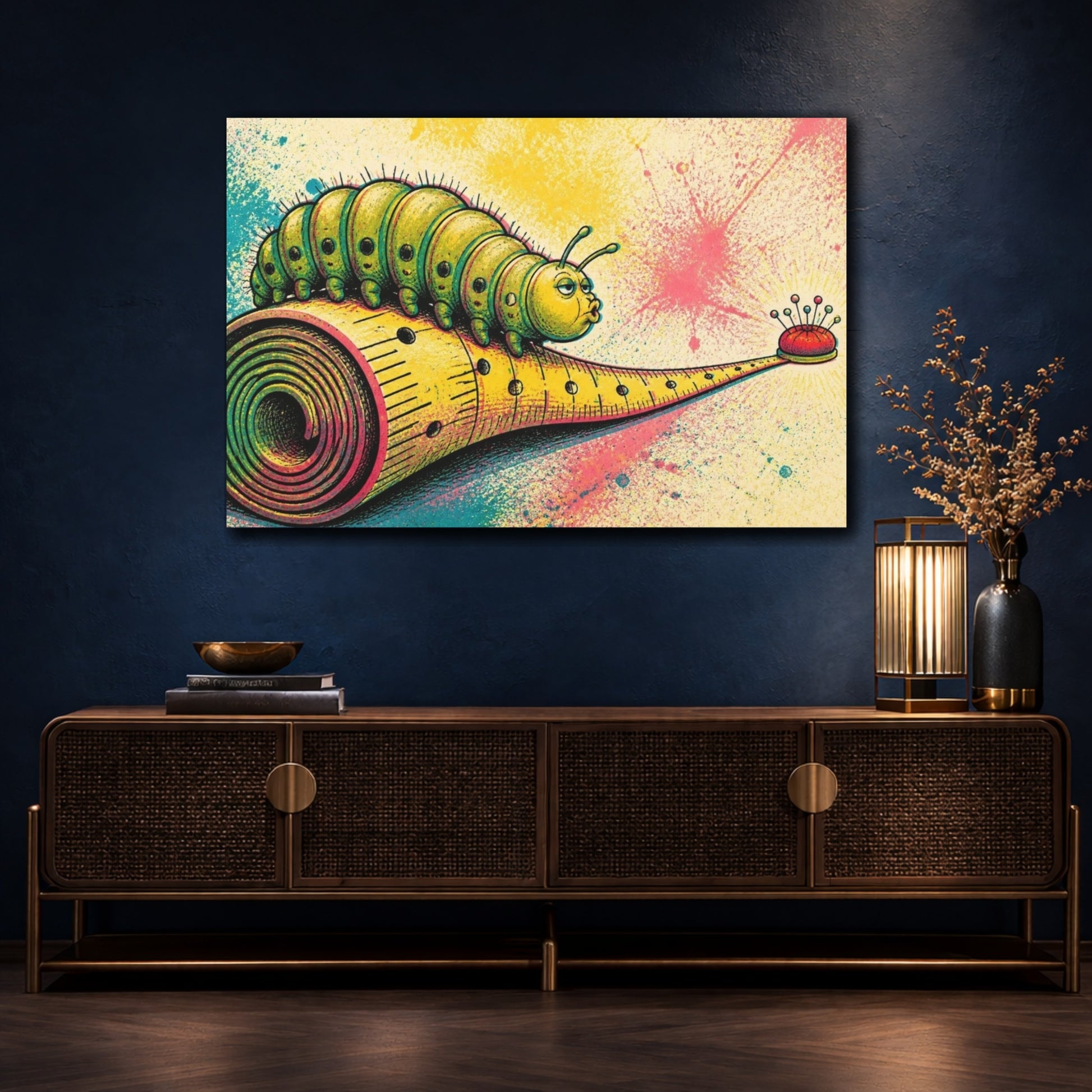 Mockup 4. Funny Caterpillar On Measuring Tape shown as canvas print