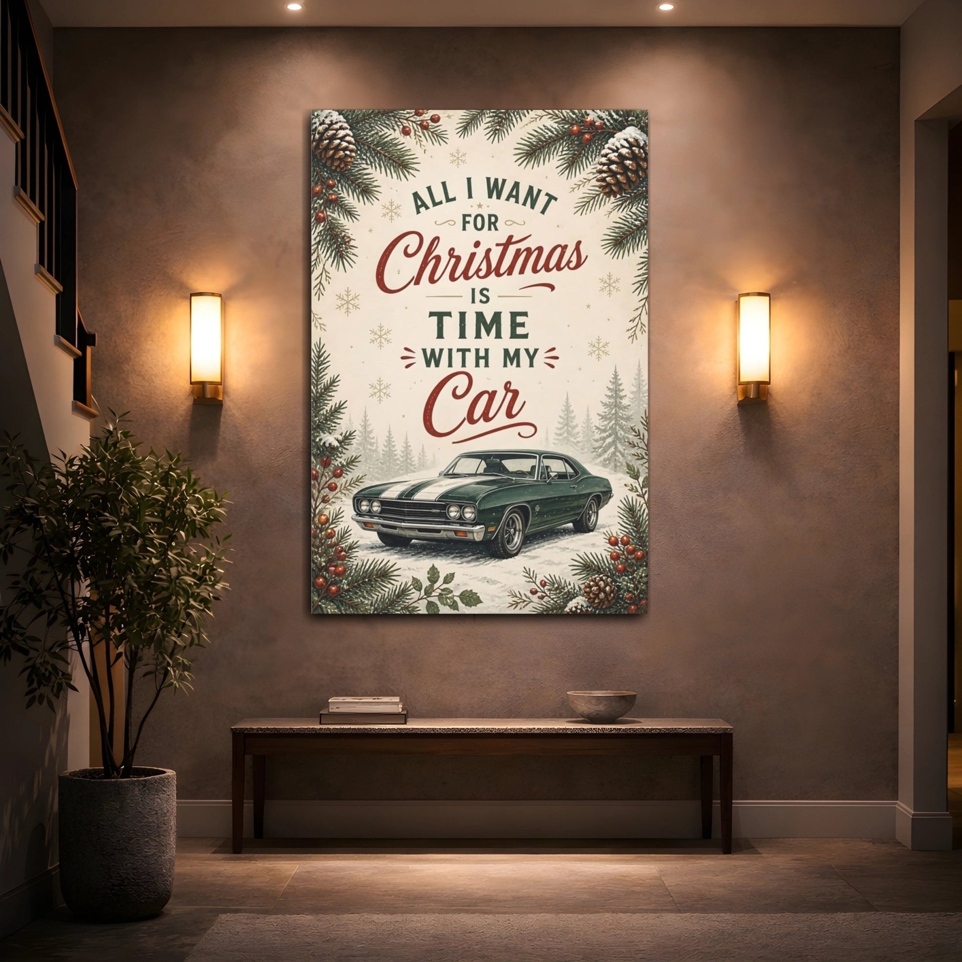 Funny Classic Car Vintage Christmas Canvas Print – Living Room, Above Sofa - YesArtYes