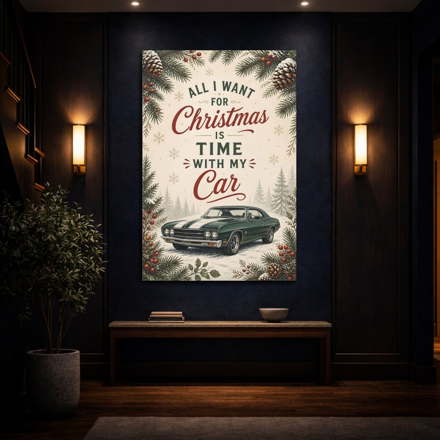 Funny Classic Car Vintage Christmas Canvas Print – Living Room, Above Sofa - YesArtYes