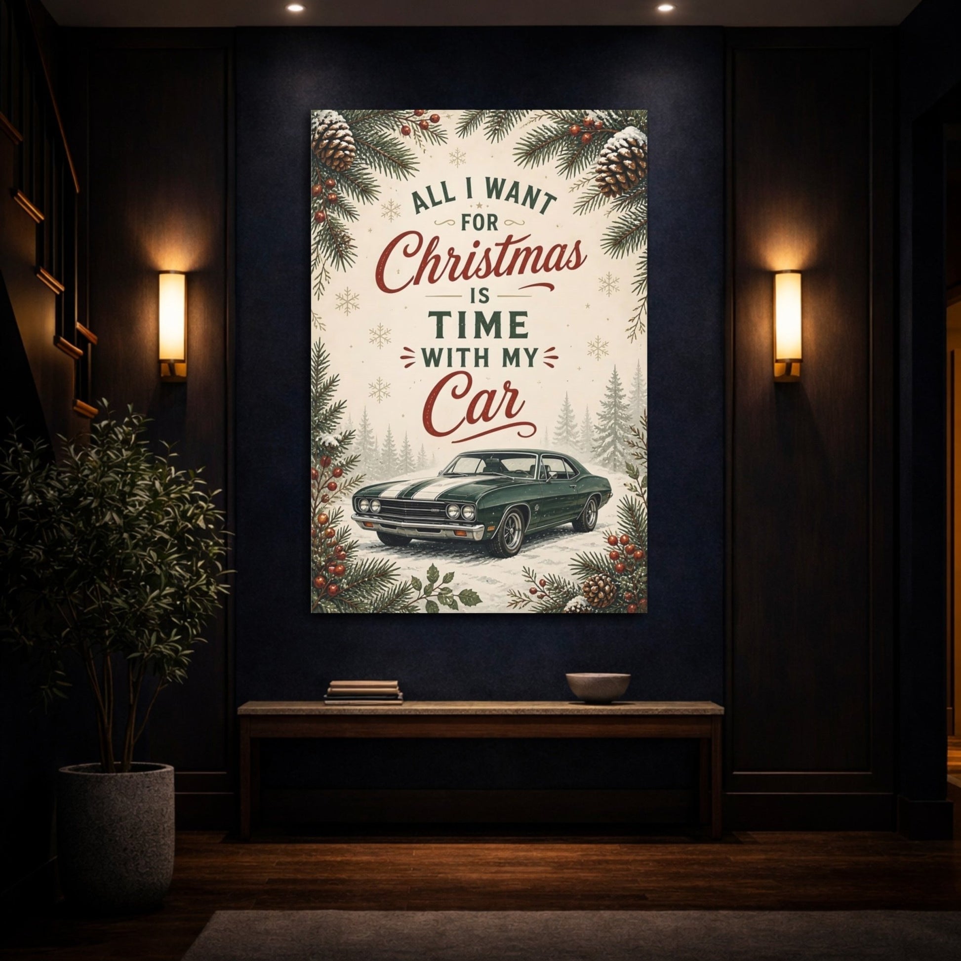 Funny Classic Car Vintage Christmas Canvas Print – Living Room, Above Sofa - YesArtYes