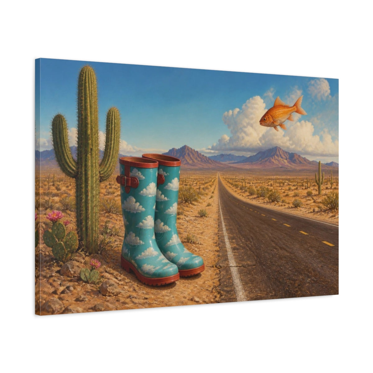 Main Mockup. Funny Cloud Rain Boots shown as canvas print