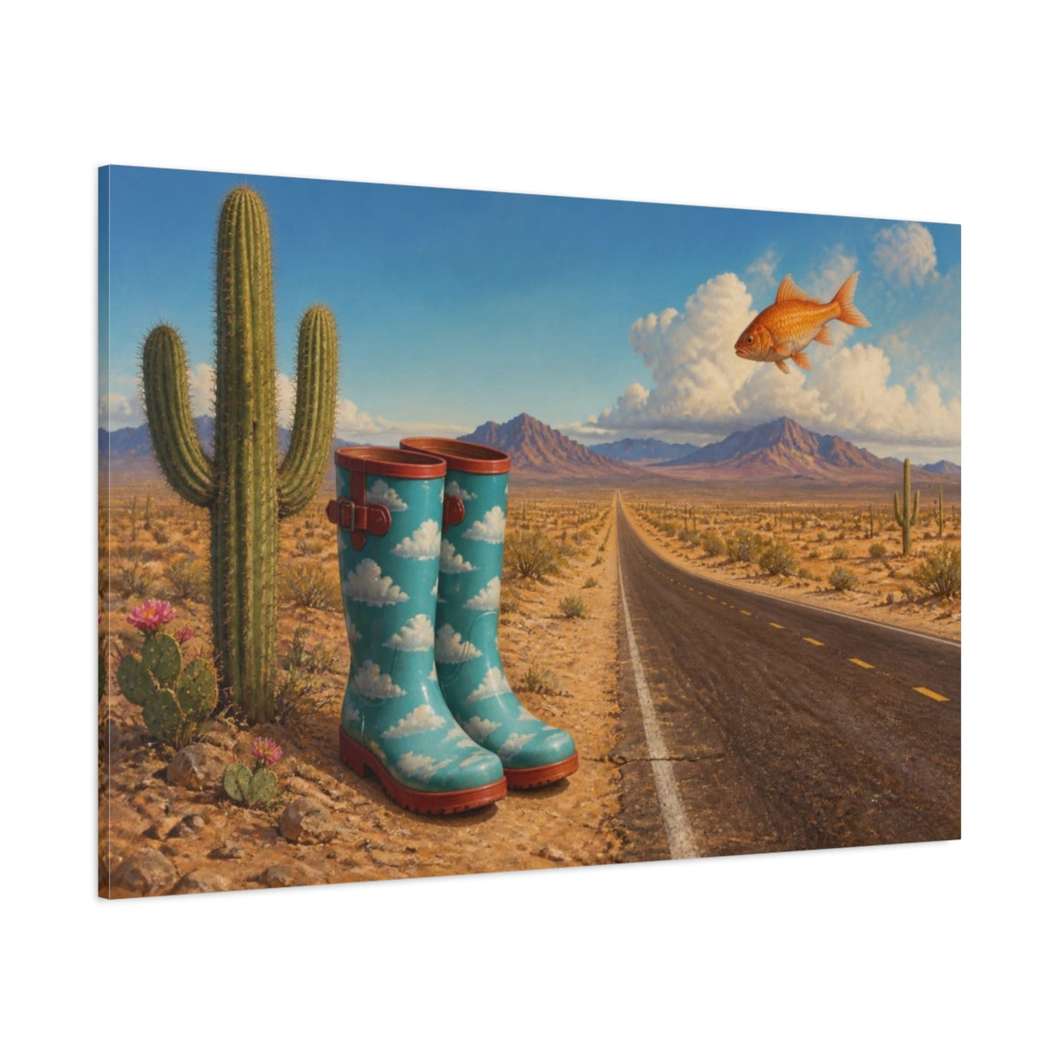 Side Mockup 1. Funny Cloud Rain Boots shown as canvas print
