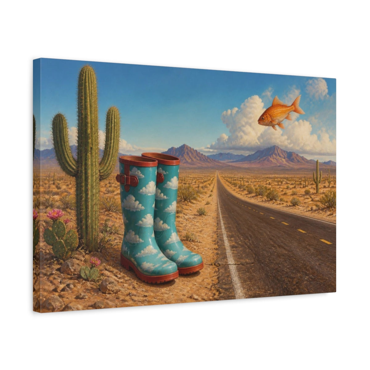 Side Mockup 3. Funny Cloud Rain Boots shown as canvas print