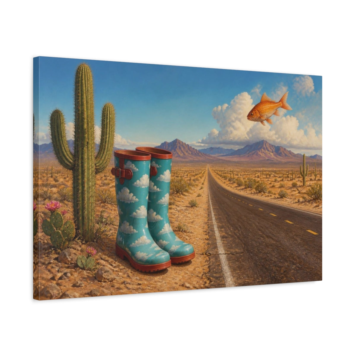 Side Mockup 2. Funny Cloud Rain Boots shown as canvas print