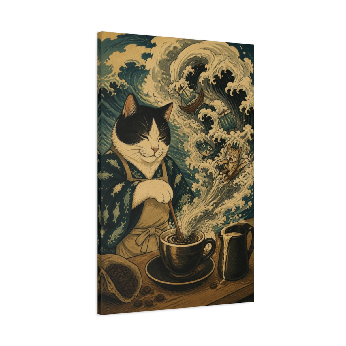 Main Mockup. Funny Coffee Cat Storm shown as canvas print